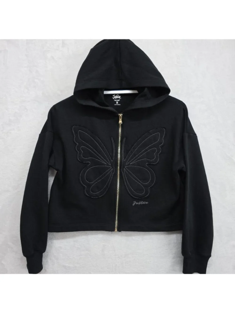 Justice Girls M (10) Butterfly Full Zip Hoodie Black Athleisure Kids Fleece EUC